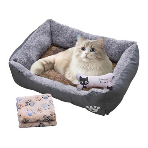 Fisssure Hundecouchbett, Hundebett für kleine Hunde,Kleines Hundebett, Katzenbett mit Decke - Rechteckiges weiches Sofabett für Katzen und Hunde mit Kühlmatte, Decke und Spielzeugknochen für Katzen im von Fisssure