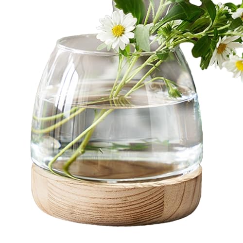 Fisssure Hydrokulturvase mit Holzständer | Transparente Holzvase Schale | Weithals-Blumenvase, Terrarium, Glas-Pflanzgefäß, klare Fischschale für die Heimdekoration von Fisssure