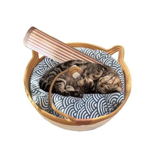 Fisssure Katzenkorb Nest – Handgefertigtes Schlafnest für kleine Hunde und Katzen, mit Spielzeugschwanz, Kätzchenform, atmungsaktiv, natürliche Haustierwiege mit Kühlmatte für Indoor-Katzen, Welpen von Fisssure