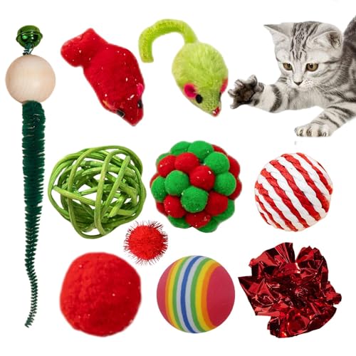 Fisssure Weihnachts-Katzenspielzeug-Geschenktaschen-Set,Interaktives Katzen-Beißspielzeug | Feiertags-Katzenspielzeug-Set mit verschiedenen Spielzeugen, verschiedenes Katzenspielzeug für die Feiertage von Fisssure