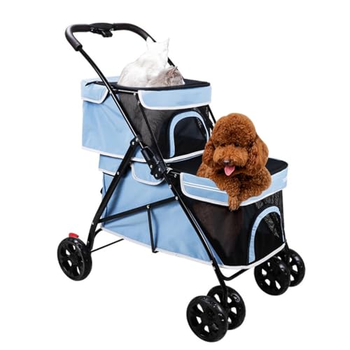 2-lagiger Haustier-Kinderwagen für 2 Katzen, doppellagiger Haustier-Hundewagen für kleine Hunde, Hunde-Kinderwagen für Welpen, Katzen, Wagen, Reise-Kinderwagen (blau) von Fitlin