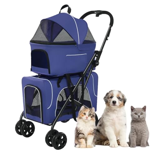 Doppelter Haustier-Kinderwagen for Katzen und Hunde, atmungsaktiver Reiseträger, 4-Rad-Haustier-Hunde-Kinderwagen, Leichter Kinderwagen for Hunde und Katzen, ideal for Zwillinge oder mehrere(Blue) von Fitlin