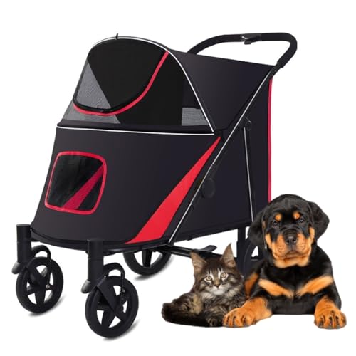 Großer Hundebuggy Luxus-Kinderwagen, Premium-Haustier-Kinderwagen mit 4 Rädern, Haustier-Kinderwagen für Katzen, Hunde und mehr, faltbare Tragetasche, Buggy, Haustier-Kinderwagen für große Hunde (rot) von Fitlin