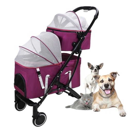 Haustier-Hundewagen, doppellagiger Katzenwagen for 2 Katzen, 2-lagiger Reiseträger, Hundewagen, Abnehmbarer Hundewagen for Zwei oder mehrere Haustiere(Purple) von Fitlin