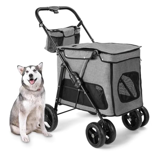 Haustier-Katzen-Kinderwagen, Kinderwagen for ältere Hunde, Kinderwagen mit Tasche, Haustier-Hunde-Kinderwagen for mittelgroße und große Hunde, 4 Räder, großer Haustier-Hunde-Kinderwagen, Reiseträger f von Fitlin