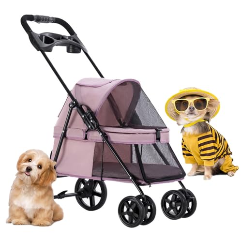 Haustier-Katzen-Kinderwagen, Reiseträger, faltbarer Hunde-Kinderwagen mit Regenschutz, Hunde-Kinderwagen for kleine Hunde mit Getränkehalter, Haustier-Kinderwagen, atmungsaktive Hunde-Kinderwagen(Pink von Fitlin