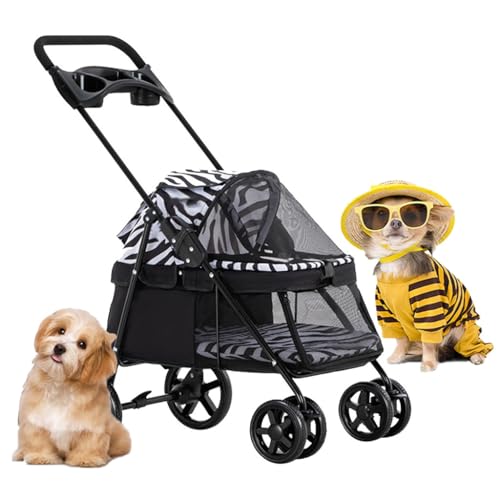 Haustier-Katzen-Kinderwagen, Reiseträger, faltbarer Hunde-Kinderwagen mit Regenschutz, Hunde-Kinderwagen for kleine Hunde mit Getränkehalter, Haustier-Kinderwagen, atmungsaktive Hunde-Kinderwagen(Zebr von Fitlin