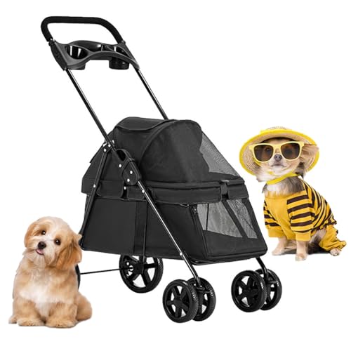 Haustier-Katzen-Kinderwagen, Reiseträger, faltbarer Hunde-Kinderwagen mit Regenschutz, Hunde-Kinderwagen for kleine Hunde mit Getränkehalter, Haustier-Kinderwagen, atmungsaktive Hunde-Kinderwagen(Nero von Fitlin