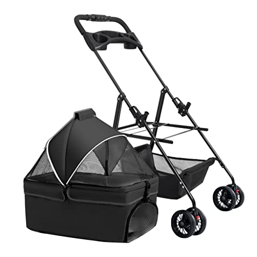 Haustier-Kinderwagen für kleine und mittelgroße Hunde/2 Katzen mit Getränkehalter, Haustier-Kinderwagen, Kinderwagen, Katzenkinderwagen, Reisewagen mit abnehmbarer Tragetasche, Reißverschlussloser von Fitlin