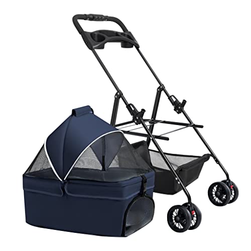 Haustier-Kinderwagen für kleine und mittelgroße Hunde/2 Katzen mit Getränkehalter, Haustier-Kinderwagen, Kinderwagen, Katzenkinderwagen, Reisewagen mit abnehmbarer Tragetasche, Reißverschluss ohne von Fitlin