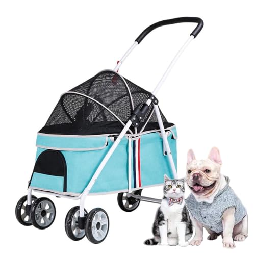 Hundekinderwagen for kleine Hunde bis 20 kg, Haustierwagen ohne Reißverschluss for Katzen/Hunde, Reisewagen, Katzenwagen, Hundewagen, Kinderwagen mit Verstellbarer Markise(Blue) von Fitlin