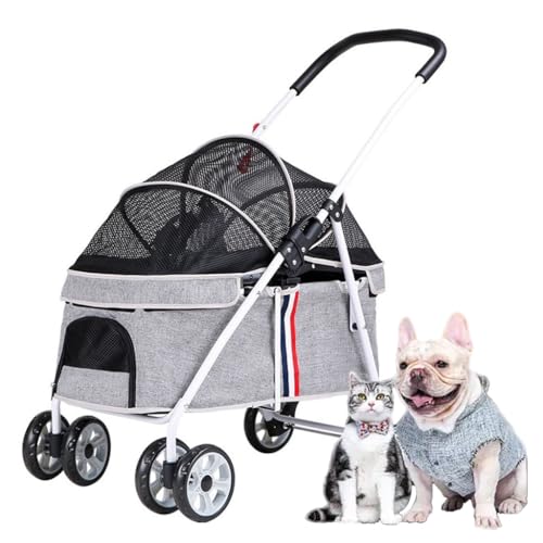 Hundekinderwagen for kleine Hunde bis 20 kg, Haustierwagen ohne Reißverschluss for Katzen/Hunde, Reisewagen, Katzenwagen, Hundewagen, Kinderwagen mit Verstellbarer Markise(Gray a) von Fitlin