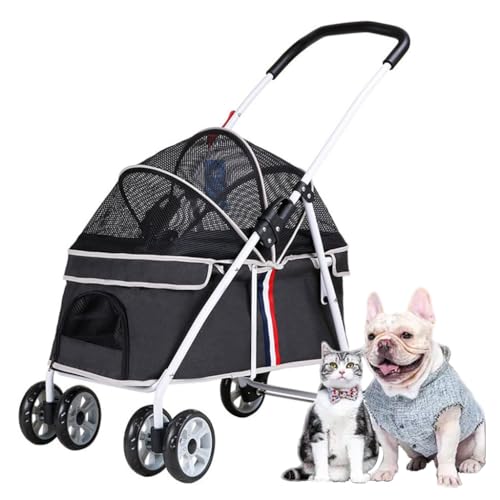 Hundekinderwagen for kleine Hunde bis 20 kg, Haustierwagen ohne Reißverschluss for Katzen/Hunde, Reisewagen, Katzenwagen, Hundewagen, Kinderwagen mit Verstellbarer Markise(Nero) von Fitlin