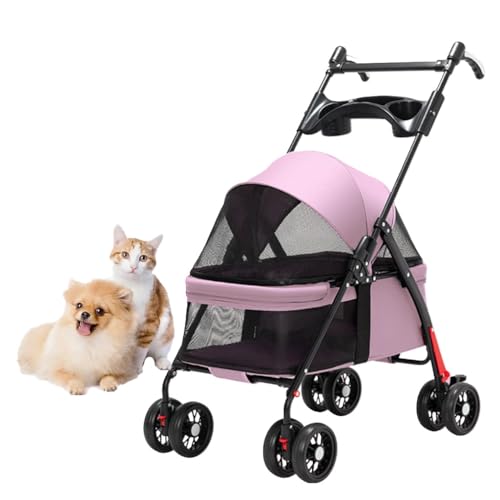 Kinderwagen for Katzen und Hunde mit Getränkehalterablage, Kinderwagen for kleine Hunde, Kinderwagen for Hunde und Katzen, Faltbarer Kinderwagen, Verstellbarer Griff(Pink) von Fitlin