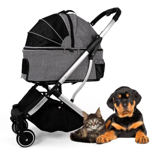 Zusammenklappbarer Hundewagen, Haustier-Kinderwagen, Hundewagen for mittelgroße und kleine Hunde, Katzen-Hundewagen, Reiseträgerwagen, abnehmbarer Hundewagen, Kinderwagen, Netz mit großer Kapazität(Gr von Fitlin