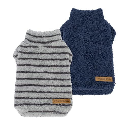 Fitwarm 2er-Pack gestreifter Fleece-Hundepullover, warme Winter-Hundekleidung für kleine Hunde, Jungen und Mädchen, flauschiges Haustier-Outfit, Hundepullover, Grau, Marineblau, Größe L von Fitwarm