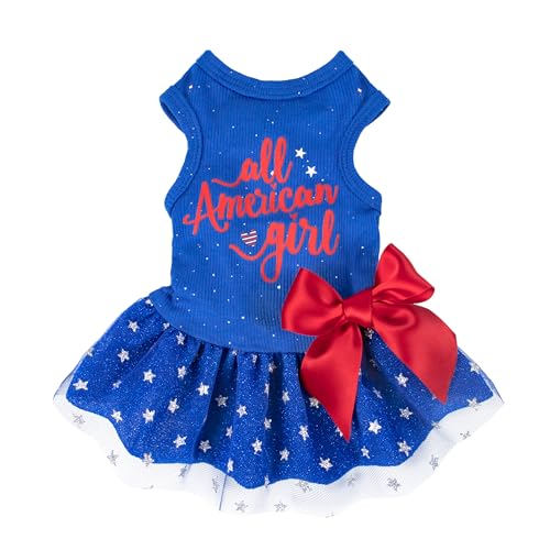 Fitwarm All American Girl Hundekleid 4. Juli Hundekleidung für kleine Hunde und Mädchen, patriotisches Hunde-Tüllkleid, Haustier-Outfit, Königsblau, Rot, Weiß, Größe XS von Fitwarm