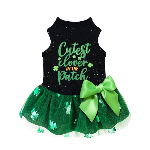 Fitwarm Cutest Clover in The Patch Hundekleid, St. Patricks Day Hundekleidung für kleine Hunde und Mädchen, lustiges Haustier, Katze, Welpen, Urlaubs-Outfit, Schwarz, Smaragdgrün, XXS von Fitwarm