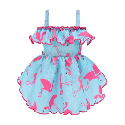 Fitwarm Flamingo Hundekleid, Sommer-Hundekleidung für kleine Hunde und Mädchen, gerüschtes Hawaii-Hundesommerkleid, Haustier-Outfit, Blau, Rosa, XXS von Fitwarm