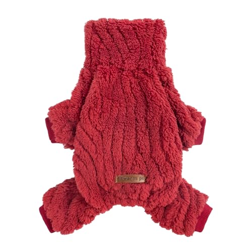 Fitwarm Fleece-Hundepullover mit Rollkragen, warmer Winter-Hundekleidung für kleine Hunde, Jungen und Mädchen, flauschiger Haustier-Einteiler mit Füßen, Rot, Größe L von Fitwarm