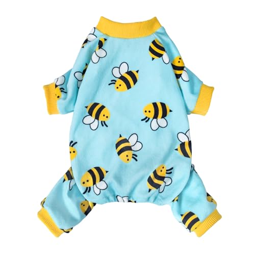 Fitwarm Funny Bee Fleece-Hunde-Pyjama, warme Winter-Hundekleidung für kleine Hunde, Jungen und Mädchen, gemütlicher Haustier-Einteiler mit Füßen, Hellblau, Größe L von Fitwarm