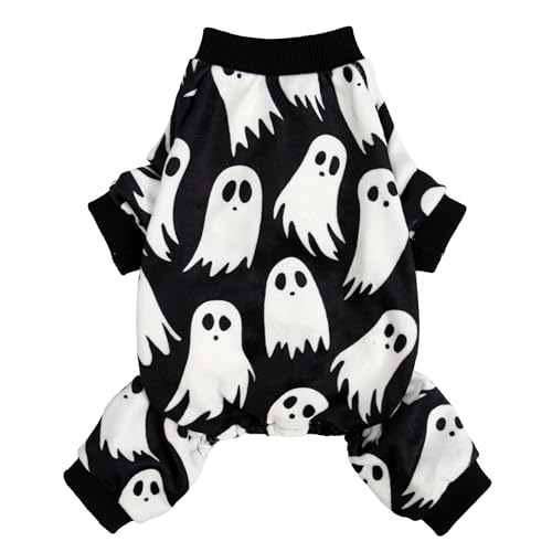 Fitwarm Halloween-Geister-Hunde-Pyjama, lustige Halloween-Kostüme für Hunde, Fleece-Einteiler mit Füßen, Hundekleidung für kleine Hunde, Jungen, Mädchen, Haustierbekleidung, Schwarz, Weiß, Größe S von Fitwarm