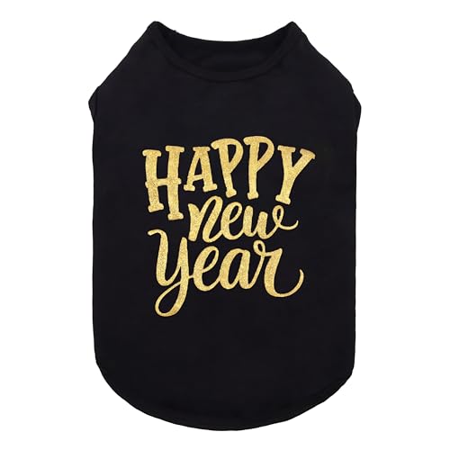 Fitwarm Happy New Year Hunde-Shirt, Urlaubs-Hundekleidung für kleine Hunde, Jungen, Mädchen, lustiges Haustier-Weihnachts-Outfit, Schwarz, Gold, Größe S von Fitwarm