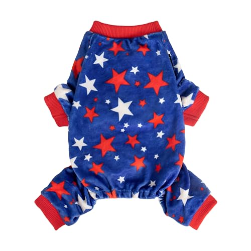 Fitwarm Hunde-Pyjama zum 4. Juli, patriotische Sterne, Hundekleidung für kleine Hunde, Jungen und Mädchen, Einteiler mit Füßen, Haustier-Outfit, Rot, Blau, Weiß, Größe XS von Fitwarm