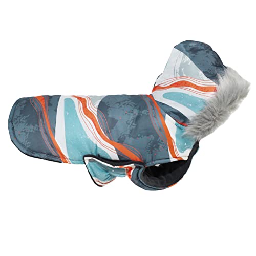 Fitwarm Hundemantel aus Kunstfell, wasserdichte Haustier-Pufferjacke mit Kapuze, Hunde-Winterkleidung für kleine Hunde, Katzenbekleidung, Blau Grau Orange, XXL von Fitwarm