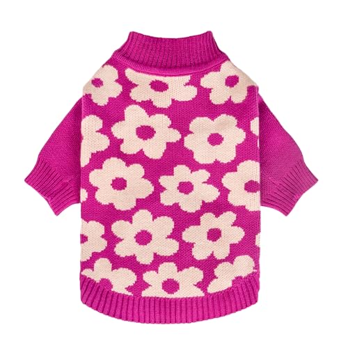 Fitwarm Hundepullover mit Blumenmuster, Thermo-Sweatshirt, Winterkleidung für kleine Hunde und Mädchen, Hundepullover, weiches Haustier-Outfit, Hot Pink, Weiß, Größe L von Fitwarm