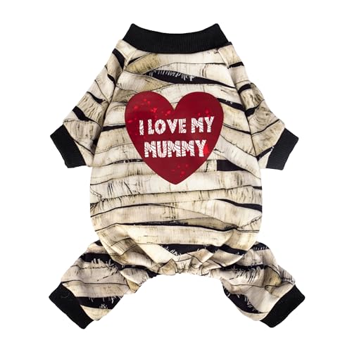 Fitwarm I Love My Mummy Halloween-Hunde-Pyjama, lustiges Halloween-Hundekostüm für kleine Hunde, Jungen und Mädchen, leichte Samt-Hundekleidung, Urlaubs-Haustier-Outfit, Beige, Schwarz, Rot, Weiß, von Fitwarm