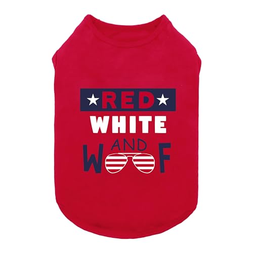 Fitwarm Patriotic Red White and Woof Hunde-Shirt, 4. Juli, Hundekleidung für kleine Hunde, Jungen, Mädchen, lustige Sommerkleidung, Haustier-Outfit, Rot, Blau, Weiß, Größe XS von Fitwarm