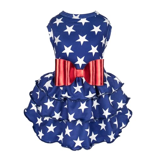 Fitwarm Star Tiered Ruffle Dog Dress 4. Juli Hundekleidung für kleine Hunde Mädchen, patriotisches Hundesommerkleid, Haustier-Outfit, Königsblau, Rot, Weiß, XS von Fitwarm