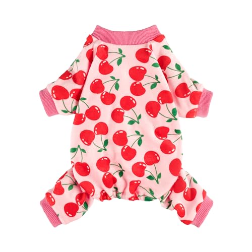 Fitwarm Süßer Kirsch-Hunde-Pyjama, warmer Hunde-Einteiler mit Füßen, Hundekleidung für kleine Hunde und Mädchen, Fleece-Haustier-Outfit, Rosa, Rot, Größe XS von Fitwarm