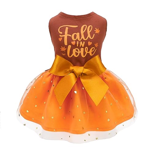 Fitwarm Thanksgiving Fall in Love Hundekleid, Sparkly Hundekleidung für kleine Hunde Mädchen, Urlaub Pet Tutu Kleid Katze Outfit Braun Orange XXS von Fitwarm