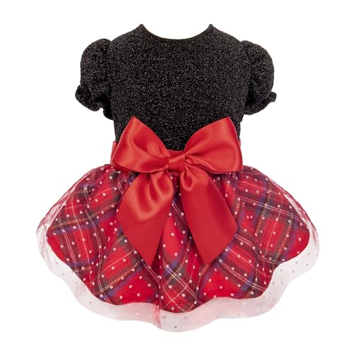 Fitwarm Weihnachtliches Hundekleid mit Puffärmeln, elegantes Hunde-Weihnachts-Outfit, Hundekleidung für kleine Hunde und Mädchen, Haustierbekleidung, Schwarz, Rot, Größe XS von Fitwarm