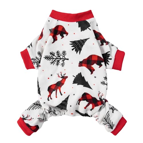 Fitwarm Weihnachtspyjama mit Rentier-Motiv, Winterkleidung für kleine Hunde, Jungen, Mädchen, Fleece-Einteiler mit Füßen, Urlaubs-Haustier-Outfit, Schwarz, Weiß, Rot, Größe M von Fitwarm