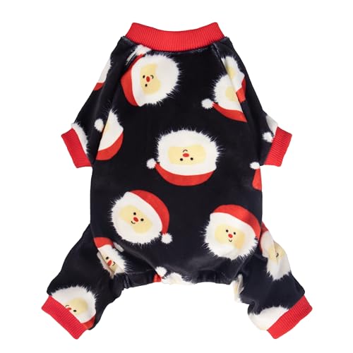 Fitwarm Weihnachtspyjama mit Weihnachtsmann, Winterkleidung für kleine Hunde, Jungen, Mädchen, Fleece-Hundejammies mit Füßen, Urlaubs-Haustier-Outfit, Schwarz, Weiß, Rot, Größe XS von Fitwarm