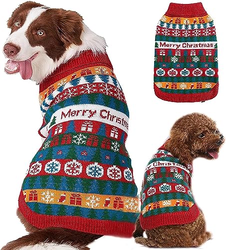 Fiyade Hundepullover Weihnachten, Weihnachtspullover Hundemantel, Weicher Schneeflocken Strickpullover Sweater, Geschenk Hunde Rollkragenpullover Klein Mittelgroße Hunde Katzen, Rot, M von Fiyade