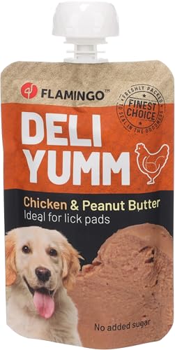 Flamingo Snack Deli Yumm Pasta mit Huhn und Erdnussbutter – 90gr, Gesunder Flüssigsnack für Hunde, Perfekt für Leckmatten von Flamingo