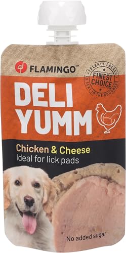 Flamingo Snack Deli Yumm Pasta met Huhn und Käse – 90gr, Gesunder Flüssigsnack für Hunde, Perfekt für Leckmatten von Flamingo