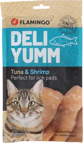 Flamingo Snack Deli Yumm – Pasta mit Thunfisch & Garnelen, 70 g – Ideal für Perserkatze, Maine Coon, Britisch Kurzhaar, Siamkatze usw. von Flamingo