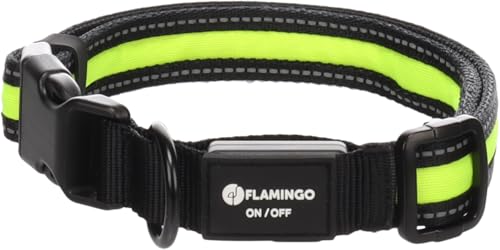 Flamingo Halsband Flitzy – Schwarz/Gelb, Größe L (42-63 cm), Fluo für Sichtbarkeit im Dunkeln, Verstellbar & Reflektierend von Flamingo