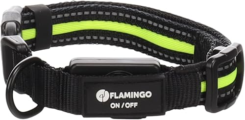 Flamingo Halsband Flitzy – Schwarz/Gelb, Größe S (30-40 cm), Fluo für Sichtbarkeit im Dunkeln, Verstellbar & Reflektierend von Flamingo