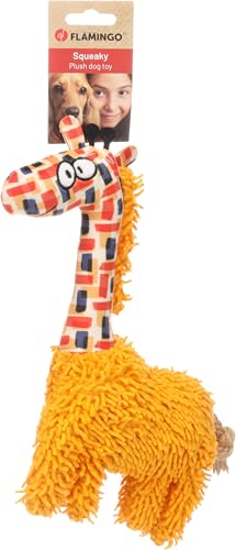 Flamingo Saffia Giraffe Spielzeug mit Seil – Ocker, Mit Quietscher für Extra Spielspaß – Perfekt für Hunde von Flamingo