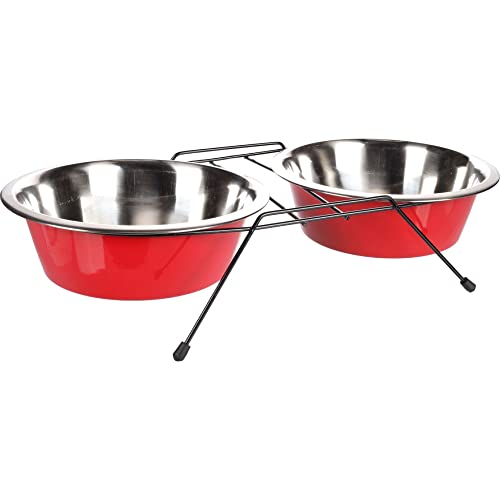 Futter_ UND TRINKNAPF Set + STÄNDER Arjun ROT/SCHWARZ 25CM 2500ML von Flamingo