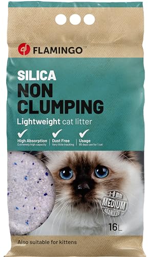 Flamingo Katzenstreu Silica Medium Körnchen – 16L für 20 Wochen, Lichtgewicht, Staubfrei, Schnelle Feuchtigkeitsaufnahme, Neutralisiert Unangenehme Gerüche von Flamingo