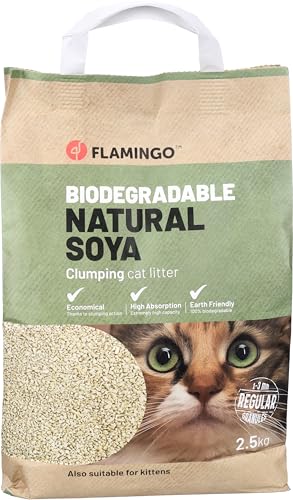 Flamingo Klumpstreu aus Soja - Feine Körnung, 2,5 kg für 6 Wochen, Biologisch Abbaubar, Staubarm und Geruchsbindend, Ideal für Maine Coon, Britisch Kurzhaar, Ragdoll, Norwegische Waldkatze usw. von Flamingo