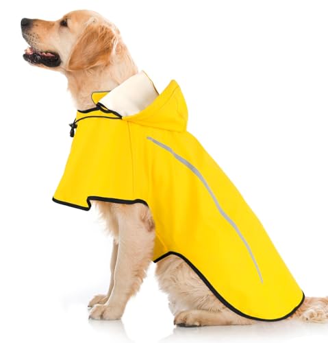 Hunde-Regenmantel, wasserdichter Regenmantel mit abnehmbarem Kapuzenpullover, Hunde-Regenmäntel, winddicht, schneefest, Hunderegenjacke mit reflektierendem Streifen für große Hunde von Flashseen