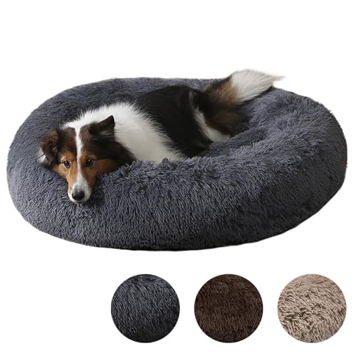 Hundebett Flauschig Donut, Hundekissen WaschbarL 80cm, Kuschelbett Hund Rund Anti Stress, Hundebett Flocke, Hundekörbchen für Mittelgroßr Großr Hunde, Dunkelgrau von Flei